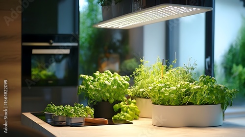 Indoor herbs flourish in pots under modern grow light on a kitchen counter.