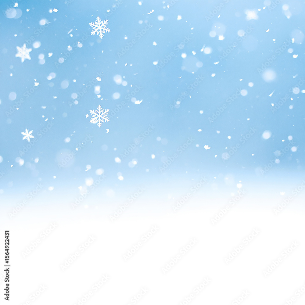 Fototapeta premium Gentle snowfall against a soft blue sky with bokeh and white foreground