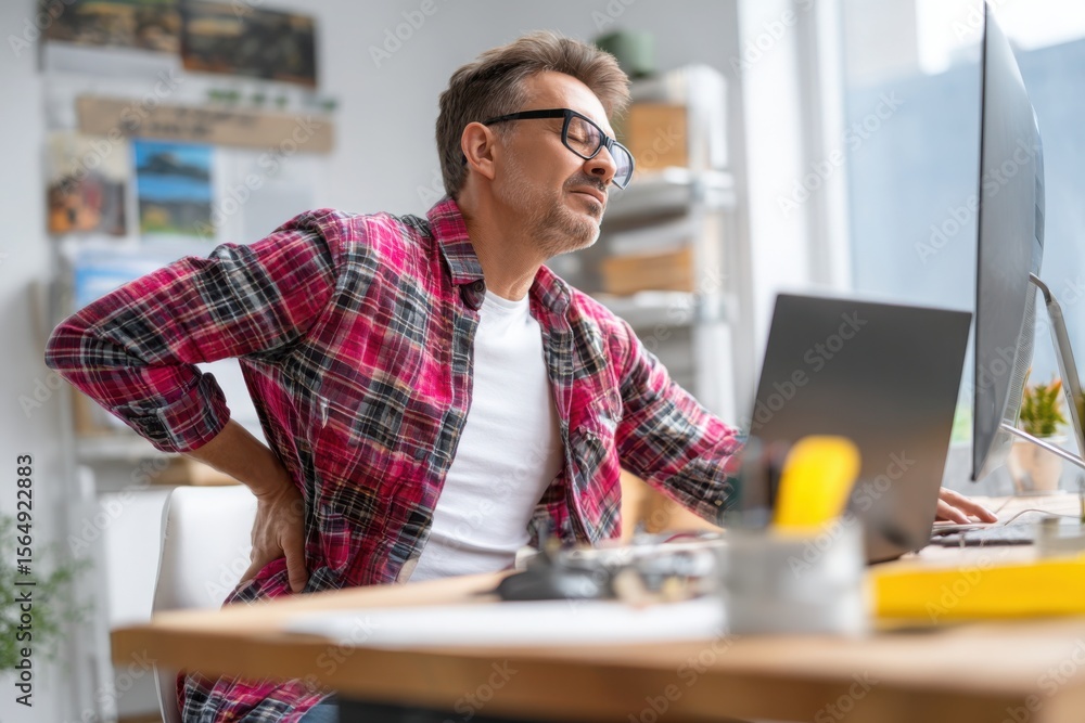 Obraz premium Stressed businessman suffering from back pain while working at home office desk, side view.