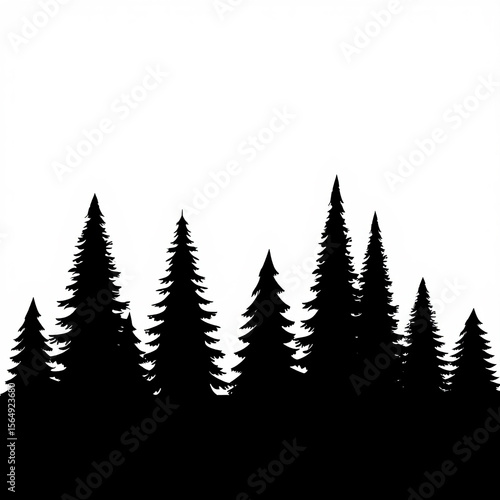 Silhouette of dense evergreen forest with tall pine trees against a white background