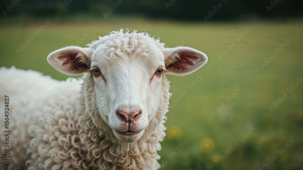 Charming white sheep grazing in lush pasture Charming white sheep grazing in lush pasture