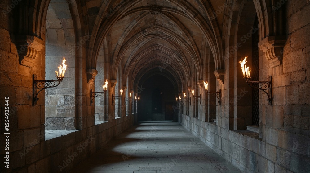 Obraz premium Medieval Stone Corridor Illuminated by Flickering Torches and Arched Ceiling