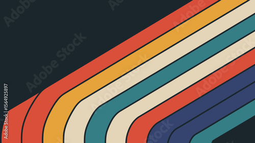 Retro style background with diagonal stripes in orange yellow beige teal and navy against dark background