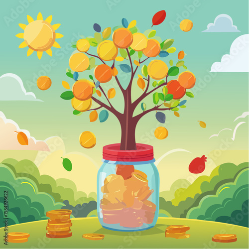 Whimsical illustration of a savings jar growing into a tree with coins as fruit