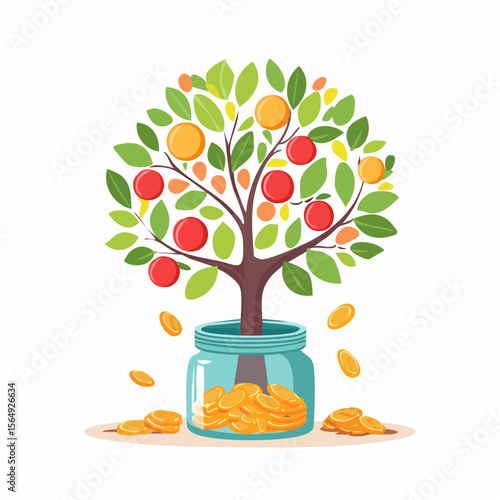 Whimsical illustration of a savings jar growing into a tree with coins as fruit