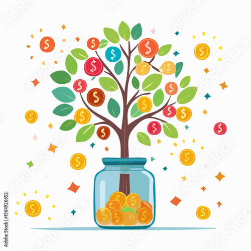 Whimsical illustration of a savings jar growing into a tree with coins as fruit