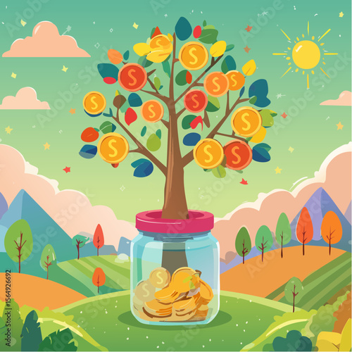 Whimsical illustration of a savings jar growing into a tree with coins as fruit