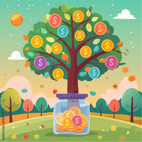 Whimsical illustration of a savings jar growing into a tree with coins as fruit