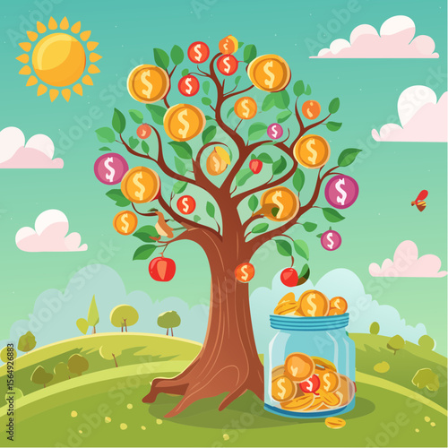 Whimsical illustration of a savings jar growing into a tree with coins as fruit