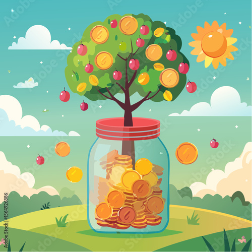 Whimsical illustration of a savings jar growing into a tree with coins as fruit