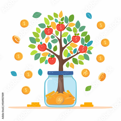 Whimsical illustration of a savings jar growing into a tree with coins as fruit