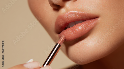 Elegant model applying lipstick with lip brush, showcasing flawless makeup look. soft, nude lip color enhances her natural beauty, creating sophisticated and polished appearance