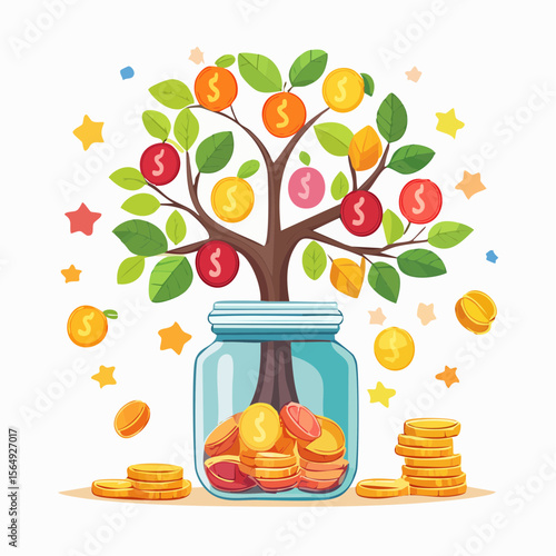 Whimsical illustration of a savings jar growing into a tree with coins as fruit