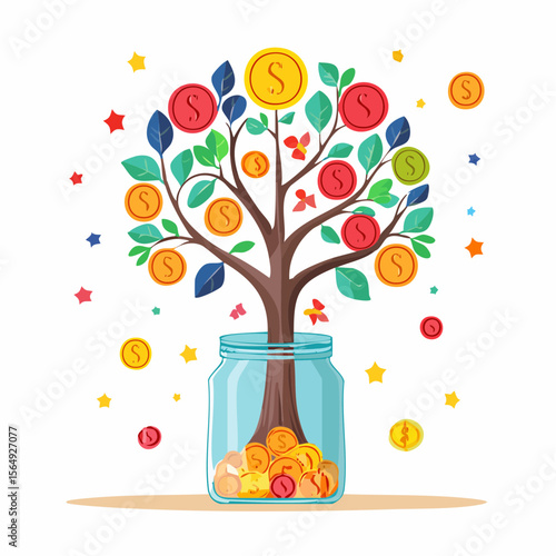 Whimsical illustration of a savings jar growing into a tree with coins as fruit