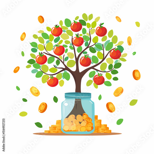 Whimsical illustration of a savings jar growing into a tree with coins as fruit