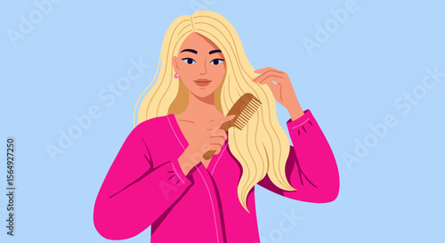 Young blonde woman combing her long blonde hair in a pink top