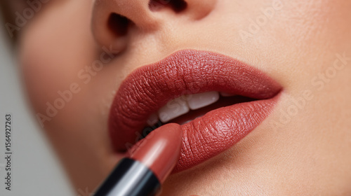 Woman applying matte lipstick on plump lips showcases soft and elegant beauty. rich color enhances her features, creating striking and confident look