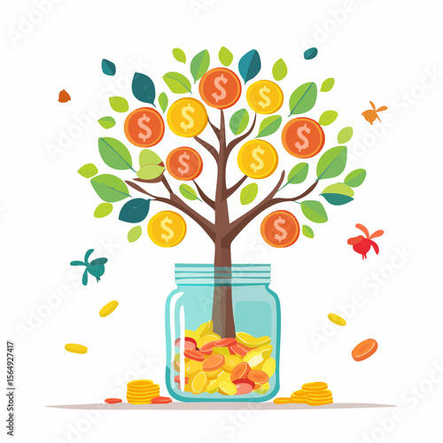 Whimsical illustration of a savings jar growing into a tree with coins as fruit