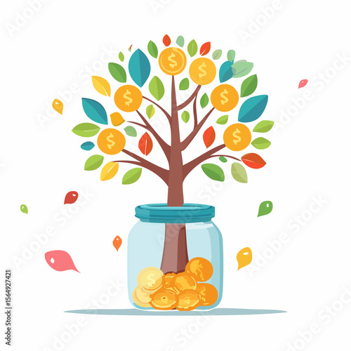 Whimsical illustration of a savings jar growing into a tree with coins as fruit