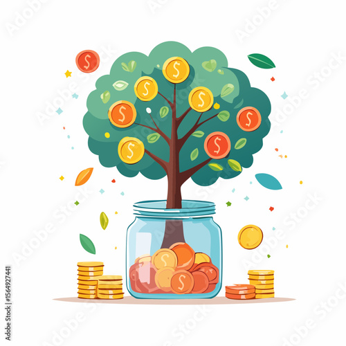 Whimsical illustration of a savings jar growing into a tree with coins as fruit