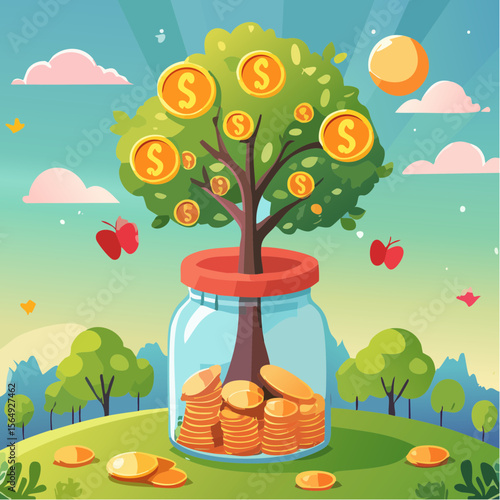 Whimsical illustration of a savings jar growing into a tree with coins as fruit