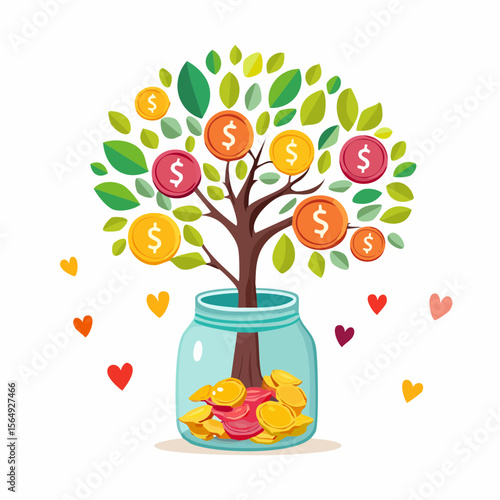 Whimsical illustration of a savings jar growing into a tree with coins as fruit