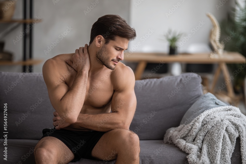 Young man with back pain at home, living room background. copy space for text Young man with back pain at home, living room background. copy space for text