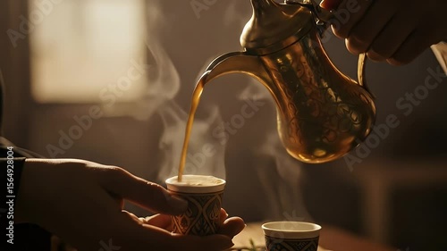A person pours steaming coffee from a golden dallah into a small decorated cup held by another hand