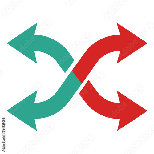 Double arrow symbol for shuffle and change. Curved crossing pointers, swap and switch movement, split direction, reroute, flow sign, vector icon on white background.