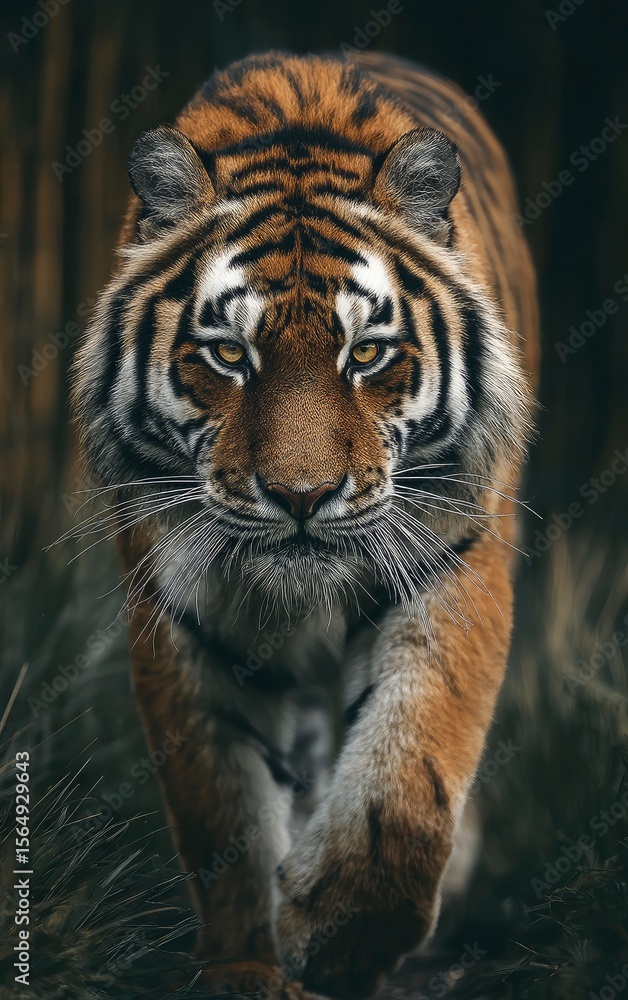 Fototapeta premium A tiger advances its powerful form defined by orange and black stripes piercing yellow eyes and a dense white beard