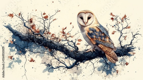 Detailed illustration of a barn owl perched on a branch amidst autumnal foliage.