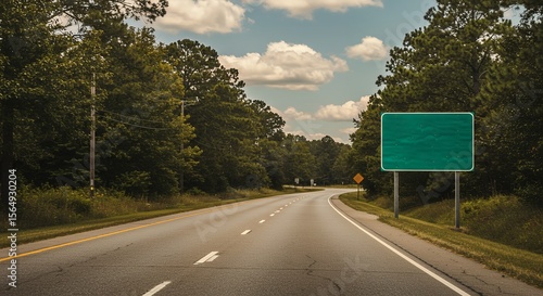 Empty green road sign on highway with trees and sky