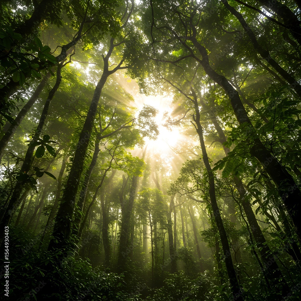 Obraz premium Sunlight filtering through a lush forest canopy.