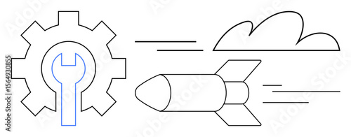 Gear and wrench paired with a soaring rocket, symbolizing progress, innovation, speed, technology, teamwork, and launch preparations. Ideal for startup, project management future engineering