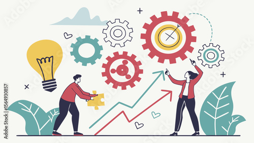 A man and a woman collaborate on a project, surrounded by gears and symbols representing growth and innovation.