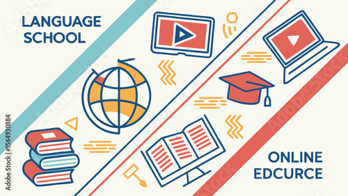 Visual representation contrasting a traditional language school with online education tools, emphasizing modern learning methods.