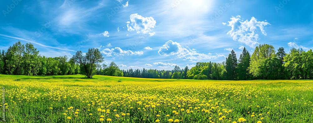 Fototapeta premium Beautiful spring landscape with green grass, trees, and a blue sky with clouds on a meadow with yellow dandelion flowers. Panoramic view.