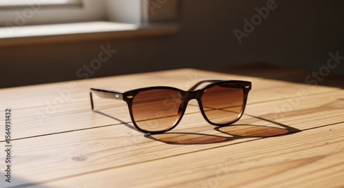Stylish brown sunglasses resting on a light wooden table, bathed in natural light.