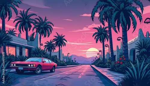 Classic car driving on palm tree lined road during sunset