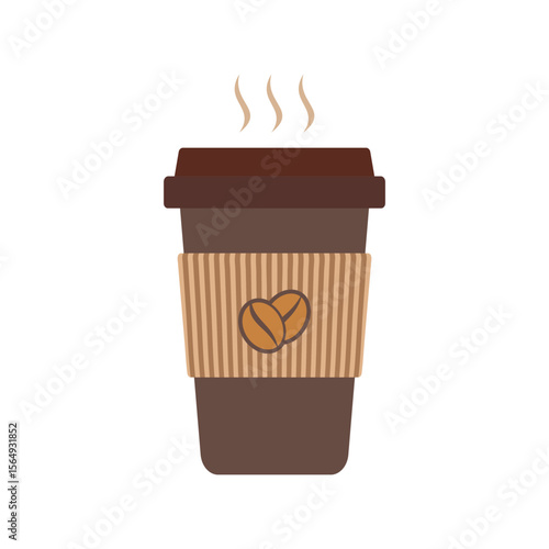 Vector illustration of a hot takeaway coffee cup with brown corrugated sleeve and coffee bean logo, emitting steam. Perfect for representing coffee shops, morning routines, or a caffeine pick-me-up on