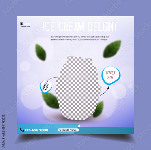 Sweetness dairy strawberry flavor vanilla ice cream, scoops presant, advertising post, Sweet cold dessert, Refreshment treat template