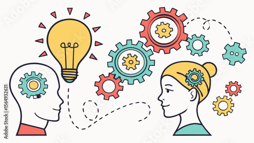 Illustration of two heads exchanging ideas, highlighted by gears and a light bulb, symbolizing creativity and collaboration.