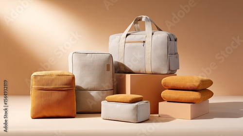 Wallpaper Mural Stylish Travel Bags and Cushions on Trendy Beige Background Torontodigital.ca