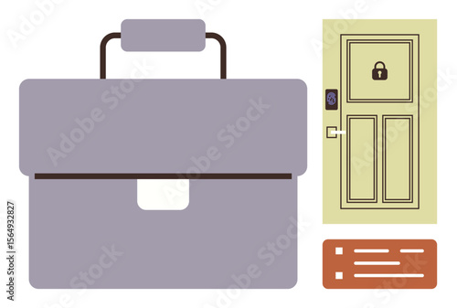 Closed briefcase, locked door with keypad entry, and keycard emphasize themes of security, privacy, and access control. Ideal for business, finance, legal contexts, data security personal safety