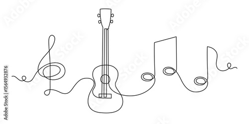Ukulele musical concept one line art, hand-drawn playing Hawaiian string instrument drawing continuous contour. Acoustic small guitar outline melody with treble clef and notes. Editable stroke. 