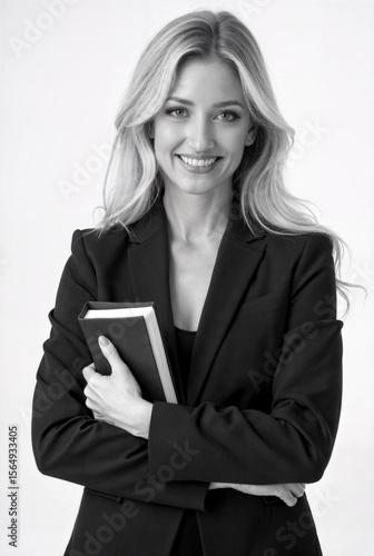 Smiling Businesswoman Holding Book in Studio Portrait