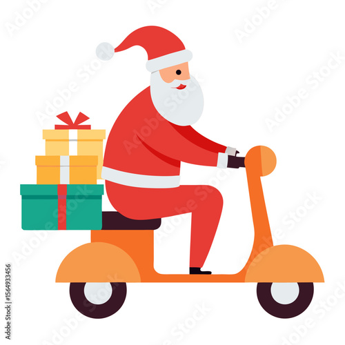 Santa Claus courier riding scooter with Christmas presents, gifts vector icon on white background.