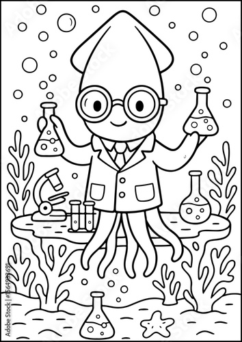 Coloring book page. This brilliant squid explores the wonders of the sea through science!