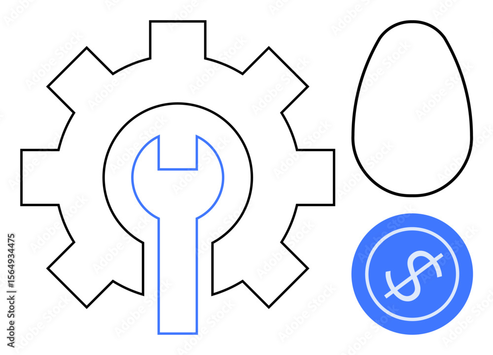 Gear and wrench symbolizing innovation, egg shape denoting potential, and dollar icon reflecting investment. Ideal for development, mechanics, creativity, business, startups, productivity financial Gear and wrench symbolizing innovation, egg shape denoting potential, and dollar icon reflecting investment. Ideal for development, mechanics, creativity, business, startups, productivity financial