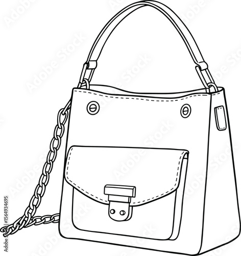 Handbag sketch design, fashion purse illustration, leather bag outline, stylish women’s handbag, top handle purse, front pocket detail, trendy bag drawing, chain strap bag, accessory fashion artwork